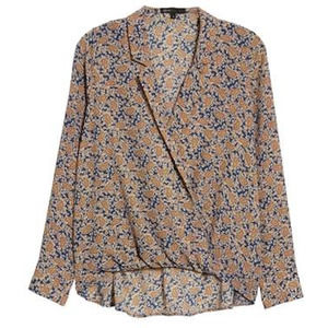 Gibson Surplice Drape Front Blouse - Women's Petite Size M, Blue Paisley